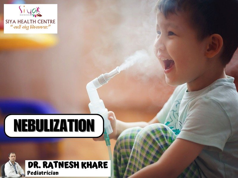 A young child smiling while using a nebulizer for respiratory treatment, with the Siya Health Centre and Dr. Ratnesh Khare information displayed.